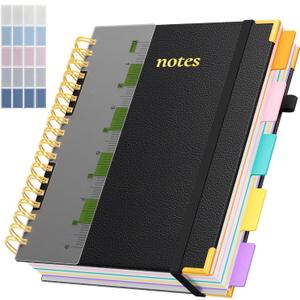 Line Hardcover Spiral Notebook with Removable Dividers Tabs & Ruler, 5 Subject Notebook College Ruled, 300 Page, Large 8"x10" B5 Notebooks for Work School, Lined Journal for Women & Men, Black