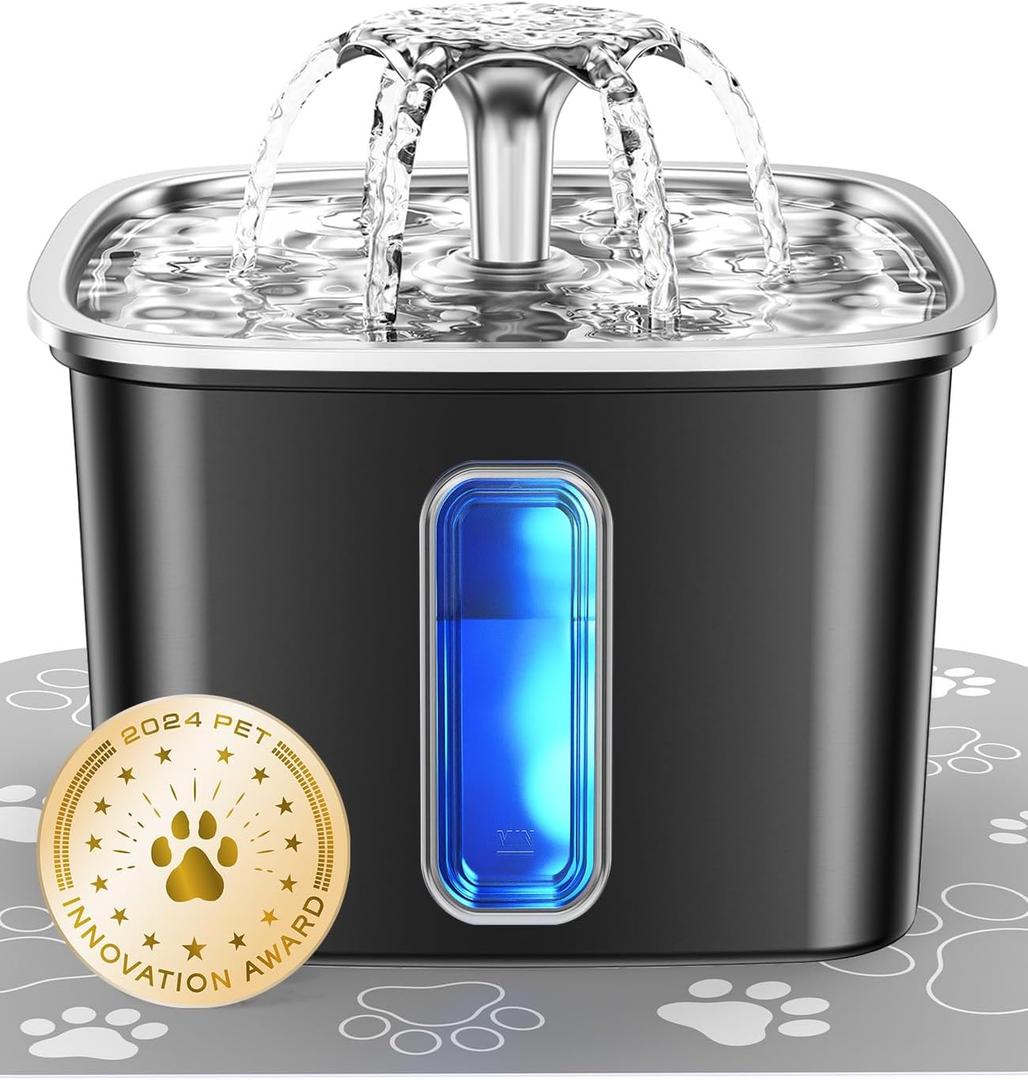 Veken Innovation Award Winner Stainless Steel Cat Water Fountain, 108oz/3.2L Automatic Pet Fountain Dog Water Dispenser with Replacement Filters & Silicone Mat for Cats, Dogs (Space Black) (108oz (Higher Fill Line))