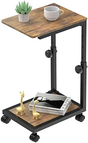 NATFAIRY C Shaped End Table with Rolling Wheels, Height Adjustable Sofa Side Table for Small Space Bedroom, Industrial TV Tray Couch Table Cart for Living Room, Retro Brown & Black