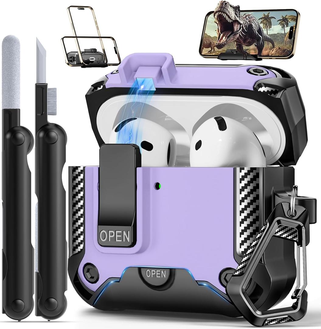 Compatible with AirPods 4th Gen Case with Phone Stand,Full Drop Protection Automatic Snap Switch and Lock Design with Cleaner Kit for Airpods 4 with Active Noise Cancellation Charging(2024)