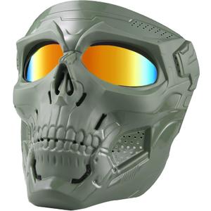 Skull Mask Full Face Tactical Masks for CS Survival Games Shooting Cosplay Movie Paintball Halloween Scary Masks (Green+Orange Lens)