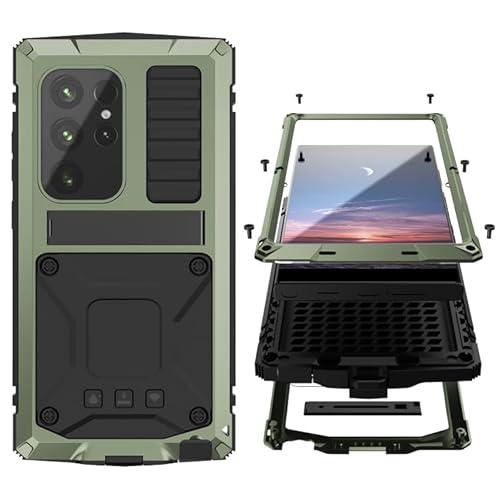 Simicoo Samsung S24 Plus Metal Bumper Silicone Case with Stand Built-in Screen Protector Gorilla Glass Hybrid Durable Military Shockproof Heavy Duty Rugged Outdoor Man Full Body Camera Cover (Green)