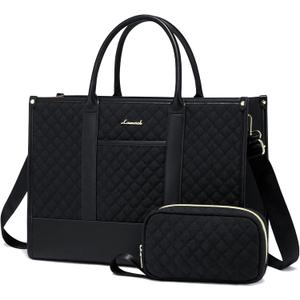 LOVEVOOK Laptop Bags for Women, 17 inch Waterproof Work Tote Bag with Clutch, Professional Teacher Computer Purse Lightweight Shoulder Bag Travel, Quilted Black