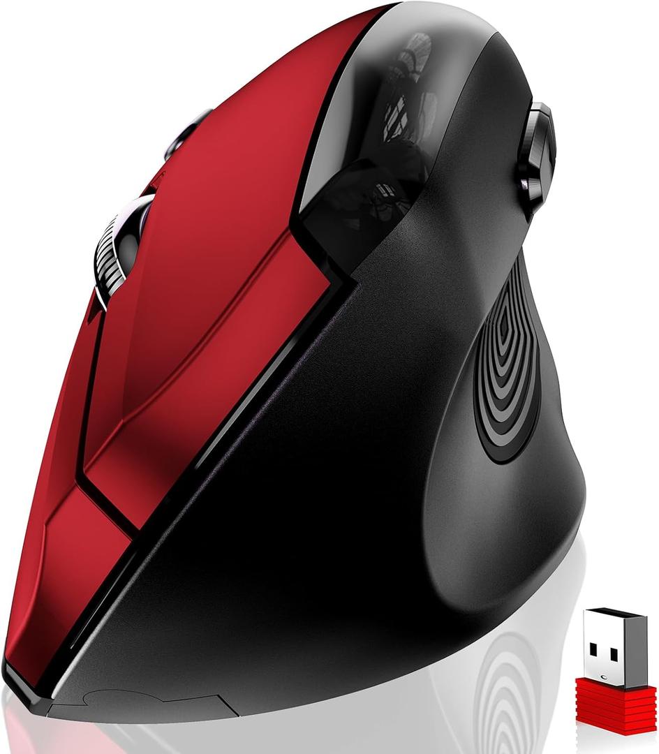 Memzuoix Ergonomic Wireless Mouse, 2.4G Optical Cordless, 800/1200/1600 DPI, Vertical Computer Mouse for Laptop, Mac, PC, Desktop (Right Hand, Large) - Red