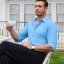 Lion Nardo Slim Fit Dress Shirts for Men Stretch Muscle Fit Long Sleeve Dress Shirts Wrinkle Free Formal Button Down Shirts (Blue)