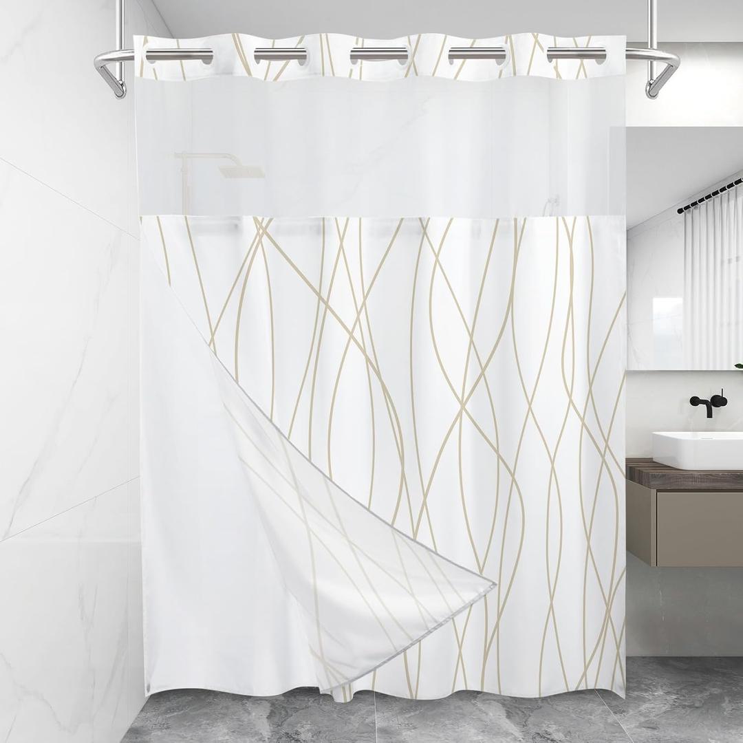 No Hook Beige Khaki Striped Shower Curtain with Snap in Fabric Liner Set - Hotel Shower Curtain and Liner Set with See Through Mesh Top Window,Machine Washable, 71x74 INCH