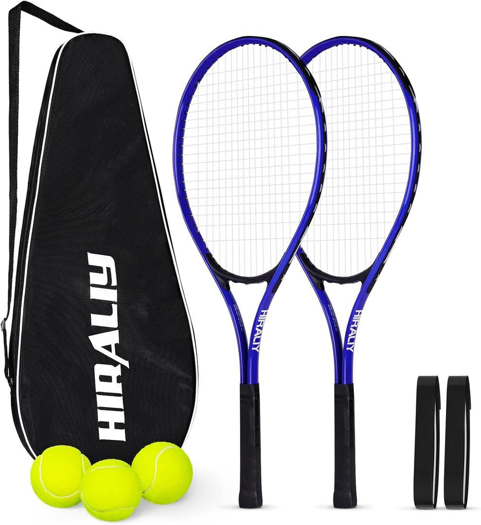 HIRALIY 27" Tennis Rackets Set for Adults, 2 Player Pre-Strung Tennis Racquets, 2 Overgrip Tapes,3 Balls, and 4 Carrying Bag, Outdoor Recreational Sport for Beginner, Men, Women (Blue)