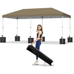 10x20 Pop Up Canopy - Easy Up Camping Tent with One Roller Bag, 3 Adjustable Height, 4 Weight Bags for Deck, Garden, Sports, Beach, Party - Khaki