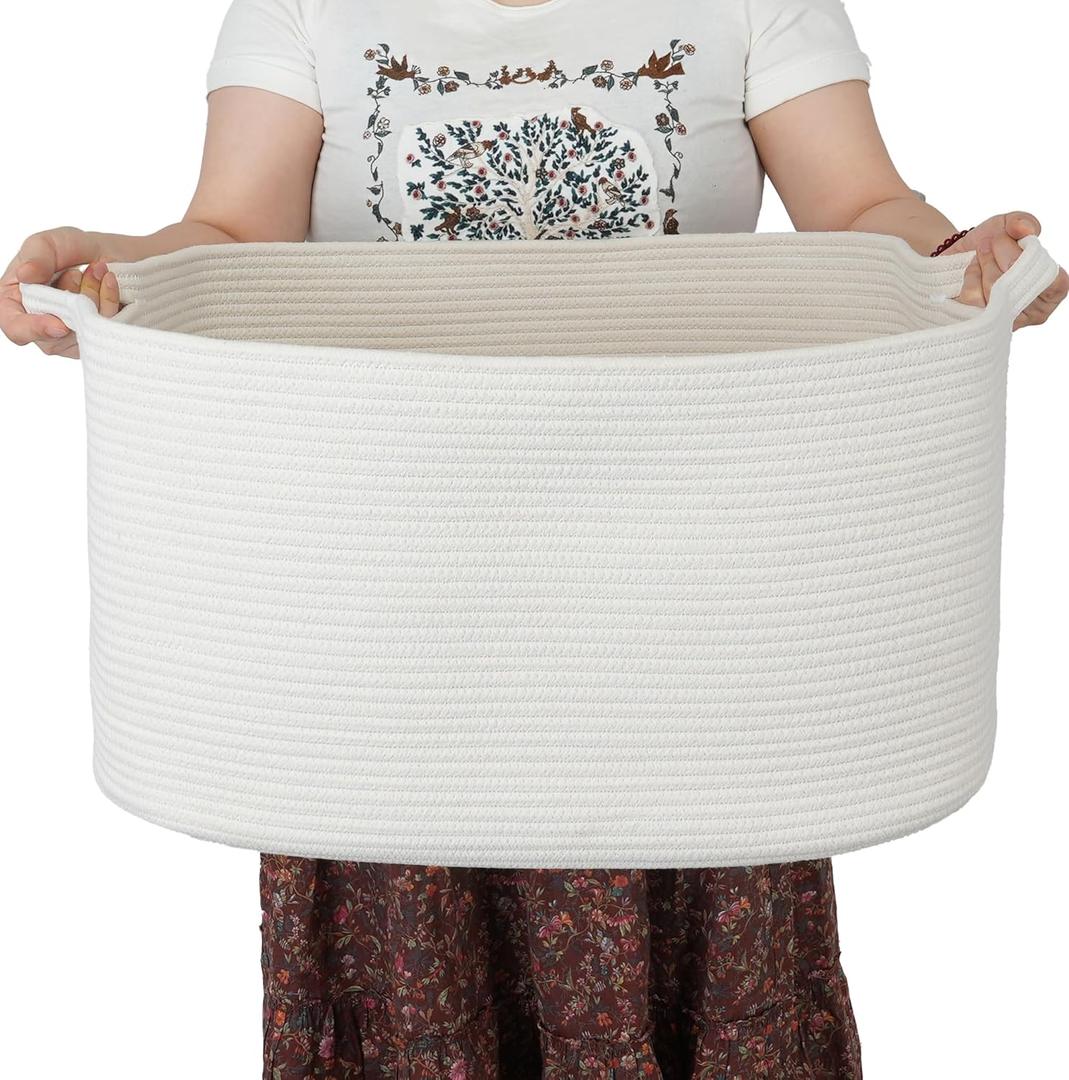 XUANGUO Large Rectangle Blankets Basket Living Room 22"x17"x12" Woven Cotton Rope Storage Baskets for Nursery Toy Baskets for Kids and Dogs Wicker Laundry Basket Bin for Clothes Towels white