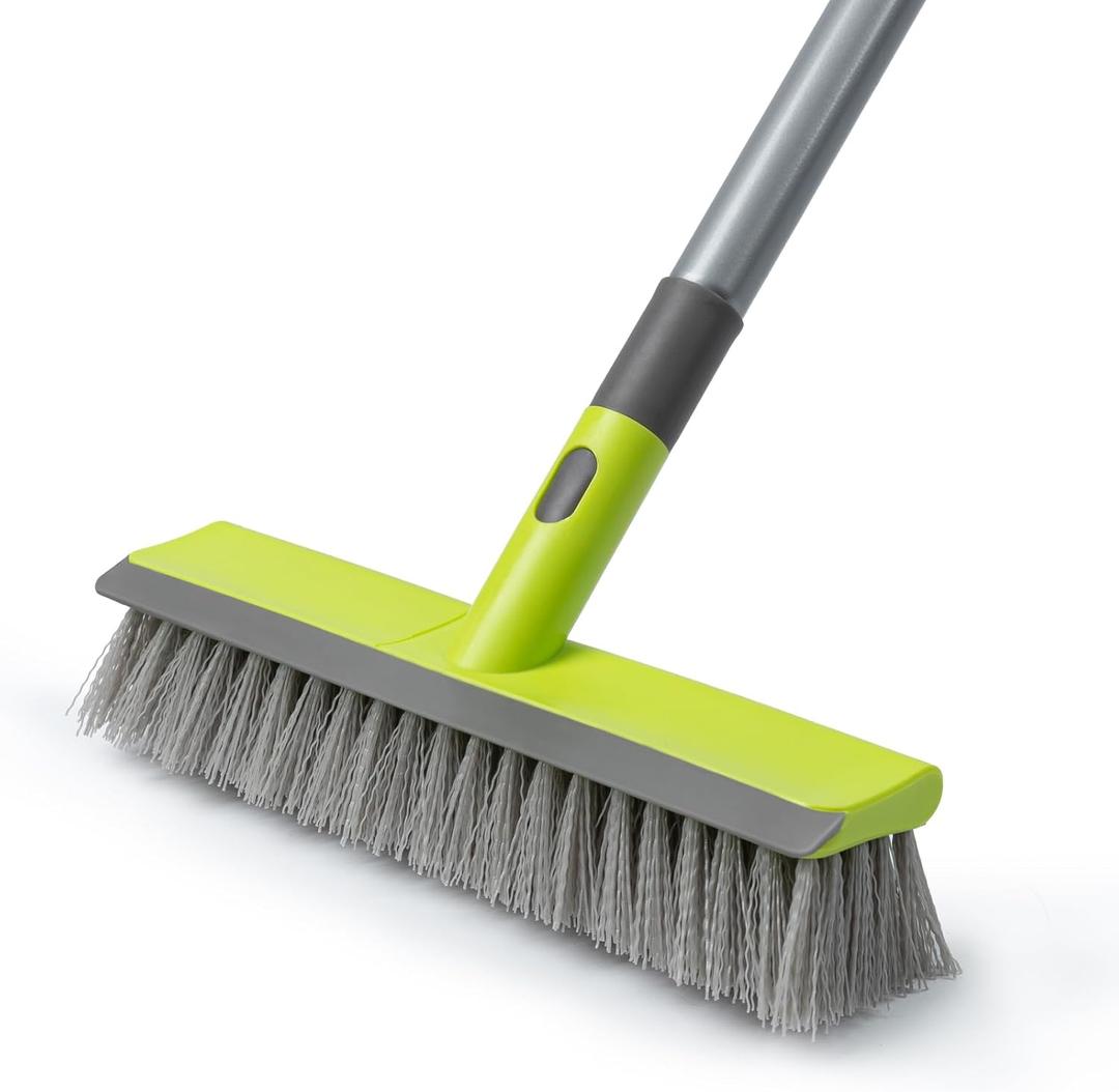 Floor Scrub Brush 2 in 1 Scrape and Stiff Bristle Deck Brush for Cleaning Concrete, Patio, Garage, Kitchen, Carpet and Bathroom 57" Long Handle (Green)