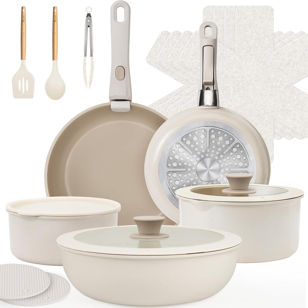 KIKCOIN Ceramic Cookware Set, 20 Pack Nonstick Pots and Pans Set with Detachable Handles, Healthy Frying Pans, Induction Dishwasher Oven Safe Kitchen Set, PFAS PFOA & PTFE Free (20 Pack, Beige with Taupe)