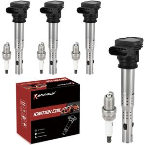UF575 Ignition Coil Pack and Iridium Spark Plugs Set of 4 Compatible with Audi A3 A4 A5 Q3 Q5 RS4 Volkswagen Beetle Jetta Golf Seat Altea Leon 2004-2018 2.0L 4.2L Replaces#UF529,C1627, XP3922