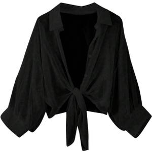 Women's Tie Front Chiffon Blouses Long Lantern Sleeve See Through Dressy Casual Shirts Cardigan (Black, XL)