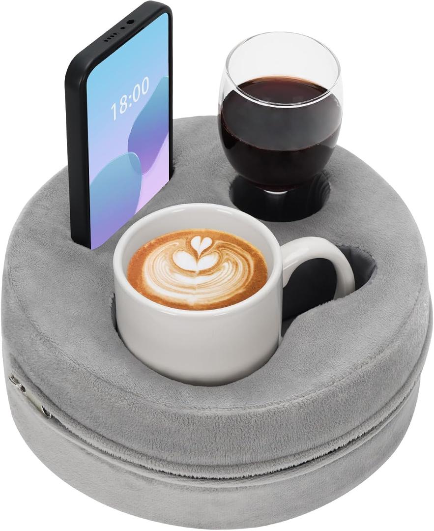 G GOOD GAIN Couch Cup Holder Pillow, Cute Sofa Drink Cup Holder Cozy Buddy | Desk Organizer for Mugs, Snacks, Phone, Makeup | Bed Caddy Tray for Car, Beach, Picnic, Boat, RV, Table (LightGrey) (8.5 x 8.5 inches)