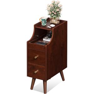 WLIVE Small Nightstand with Drawers, Narrow Bedside Tables with Open Shelf & Cable Hole, Narrow Nightstand for Bedroom, Modern Storage Cabinet for Small Spaces/Living Room, Cherry