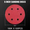 100 Pcs 6 inch Sanding Discs 180 Grit 6 Hole Hook and Loop Round Sandpaper for Random Orbital Sander