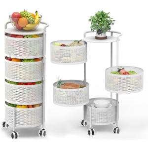 JAQ Rotating Storage Carts No Assembly, 4-Tier Round Storage Basket Rack Shelf Organizer on Rolling Wheels for Fruit Vegetables Grocery Corns Potato Onion Snack in Kitchen Pantry (4-Tier, White)