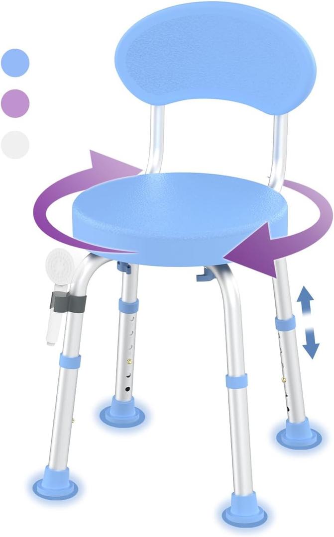 Swivel Shower Chair, 360 Non-Slip Shower Seat with Backrest for Elderly and Disabled, Height Adjustable Rotating Tub Bench for Seniors Bathroom Inside Shower with Compact Frame (Blue)