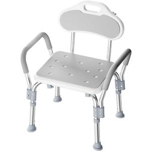 BlessReach Shower Chair for Elderly and Disabled with Arms, Heavy Duty Adjustable Height Bath Seat for Inside Shower or Tub, Slip Resistant, Padded Backrest & Armrest, Supports 500 lb, Gray