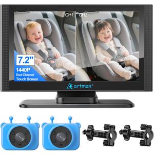 Artman Baby Car Camera for 2 Kids, IPS Touch Screen Baby Car Monitor with 7.2'' HD 1440P,Dual IR Night Vision Cameras, Easy No-Damage Install Ideal Car Seat Monitor for Parents and Pet Owners