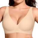 OEAK Womens Deep V Bras Comfortable Bra Support Push Up Bralettes Low Cut no Underwire Bra Plunge Seamless Tshirts Bras Beige XL