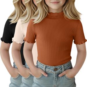 LessonZoo 3 Pack Girls Shirts Short Sleeve Mock Turtleneck Cotton Cute Lettuce Trim Summer Tops 5-14Y Kids Clothes(Black, Cream, Pumpkin,11-12 Years)