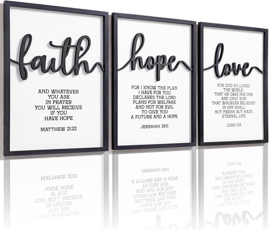 3D Wood Faith Hope Love Wall Decor, Christian Wall Art Bible Verses Wall Decor Scripture Wall Art for Bedroom Bathroom Kitchen Living Room Office(12x16 inches, Set of 3, Framed)