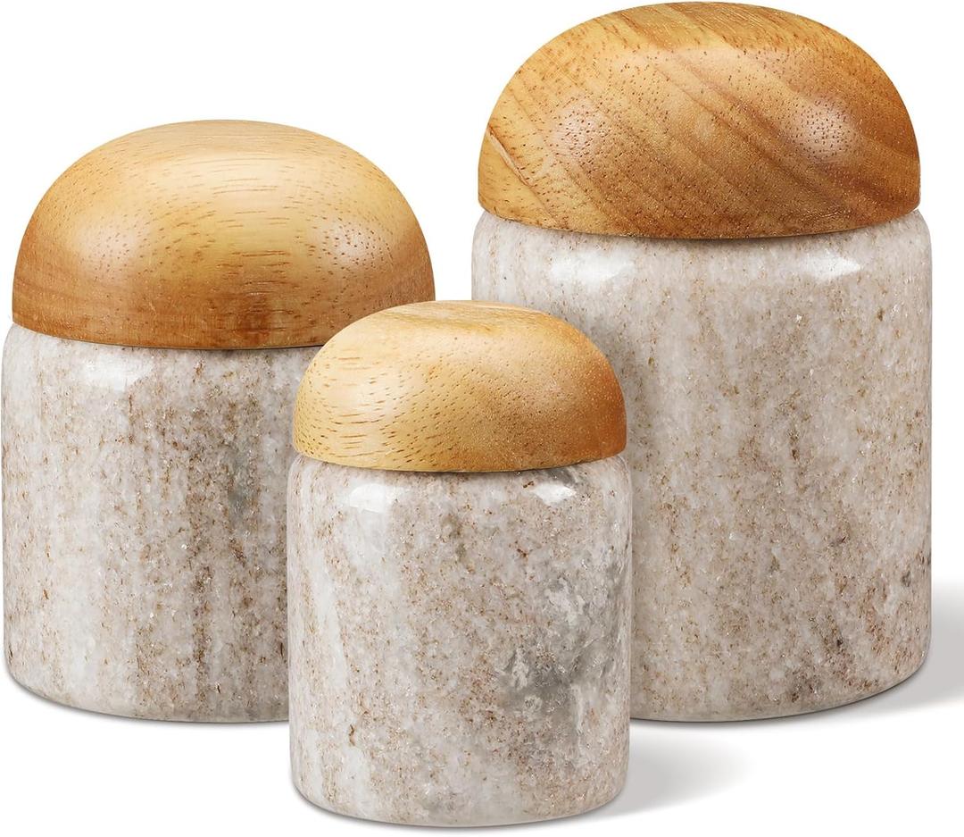 Suclain 3 Pcs Marble Salt Cellar with Wooden Lids Stone Salt Container & Spice Jars Canister Set for Flour, Sugar, Salt, Coffee, Tea, Cotton Swab Holder Storage