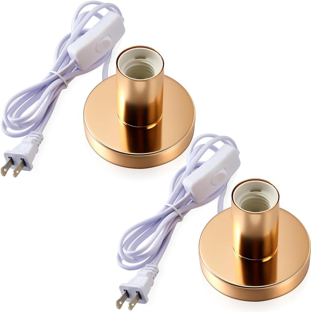 Tuanse 2 Pcs Polished Metal Desktop Lamp Base E26 E27 Screw Light Bulb Holder Sockets Night Light Base Lamp Replacement for Holding Bulb 6 Feet Cord on Off Switch Plug(Gold)