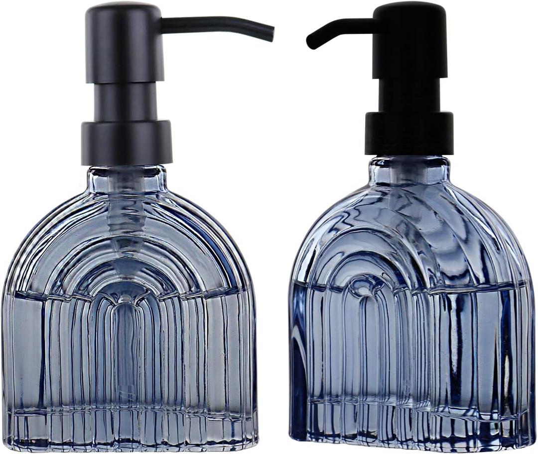 2 Pack Glass Soap Dispenser Bathroom, 9 Oz Kitchen Soap Dispenser, Refillable Liquid Modern Soap Dispenser for Hand Soap, Lotion Dispensers Bottle - Home, Commercial Countertop Decor. (Navy Blue)