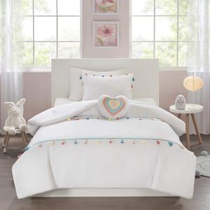 Intelligent Design Kids Tessa Cozy Comforter Set, Colorful Fun Design All Season Children Bedding Girls Bedroom Dcor, Twin, White with Colorful Tassel 3 Piece