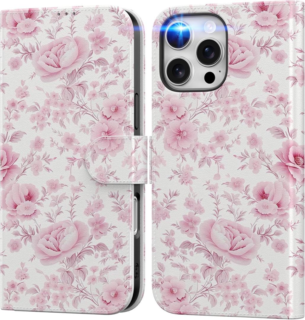 DEENAKIN for iPhone 16 Pro Wallet Case with Card Holder + Cash Clip, RFID-Blocking, Military-Grade Drop Protection, Magnetic Closure with Leather Kickstand - Blooming Pink Roses