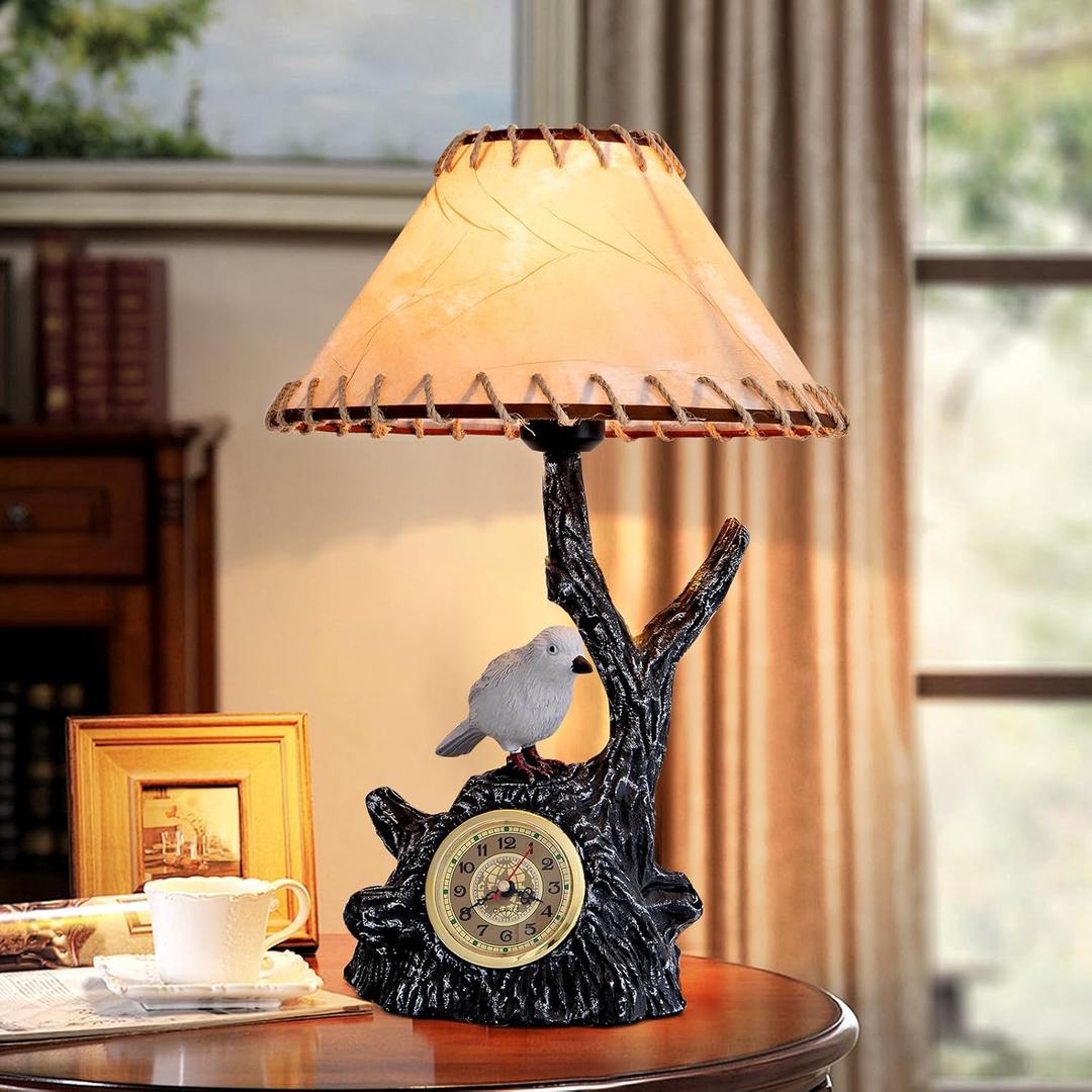 Midcentury Bedside Lamp Brown Vintage Table Lamp Rustic Resin Nightstand Light Farmhouse Desk Lamp with Clock Creative for Bedroom Living Room Hotel Study Office Decoration