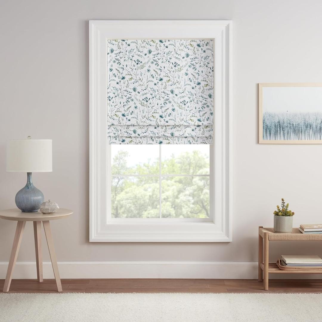 Eclipse Evangeline Botanical Roman Shade for Windows, Cordless 100% Blackout Shade, 33 in Wide x 64 in Long, Noise Reducing, Energy Efficient, Woven Design Window Shade for Any Room, Marine (33"W x 64"H, Marine)