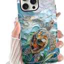 for iPhone 15 Pro Stained Glass Phone Case 6.1", Aesthetic Blue and Green Turtle Ocean Sea Case Cute Pattern Print Design Cover Anti-Scratch Glossy Prevention Funda for Woman Girls Men