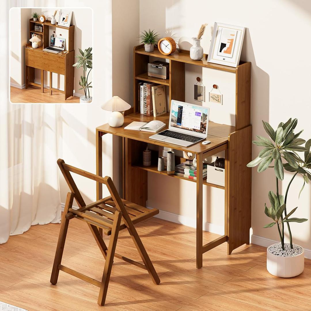 Folding Desk with Bookshelf, Compact Foldable Desk for Small Spaces, Brown Bamboo Computer Desk with Storage Shelf, Space-Saving Home Office Desk with Hutch for Bedroom, Dorm, Apartment, 31.1"W × 21.46"D × 47.92"H