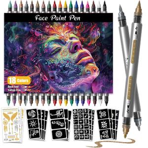 Water Resistant Face Paint Tattoo Pen - 18Pcs Temporary Tattoo Markers for Skin Dual-End Visible Capacity Henna Body Tattoo Kit, Body Painting Kit, Teen Girl Gifts Trendy Stuff for Teenage Adults (Multicolour)