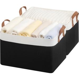 StorageWorks Storage Bins, Fabric Storage Bins for Shelves, Large Storage Baskets with Metal Frame, Closet Baskets and Bins with Handles, Black and White, 2-Pack