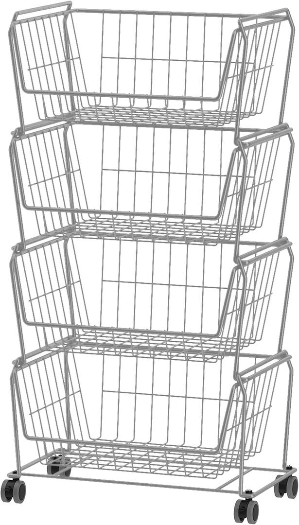 PUSDON Stackable Metal Storage Carts, Dual Use Shelf for Kitchen Fruit Vegetable Baskets with Wheels, Storage Rack for Living Room, Home & Office, Standard White 4 Tiers, 2 Pack