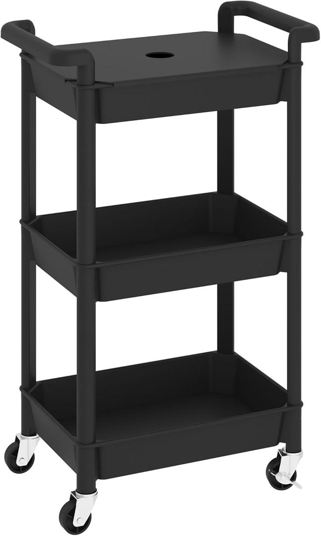 MIOCASA Utility Rolling Cart with Cover Top Board, 3-Tier Kitchen Storage Organization, Art Cart with Wheels for Office, Classroom, Livingroom, Kitchen, Bathroom (Black, 3-Tier-Plastic)