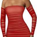 XXTAXN Women's Fall Long Sleeve Mesh Ruched Party Cocktail Mini Bilayer Bodycon Dress Red (Red, S)