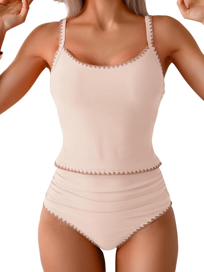 Eomenie Tankini Swimsuit for Women Tummy Control Ruched Two Piece Bathing Suits High Waisted Shell Stitch Swimwear (Medium, Beige)