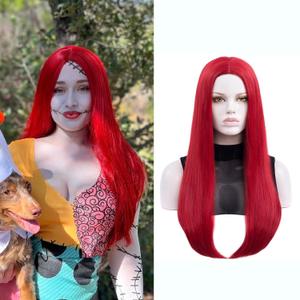 MORTICIA Wig Womens 27" Long Straight Middle Parting Holiday Party Costume Cosplay and Daily Wig (Red)