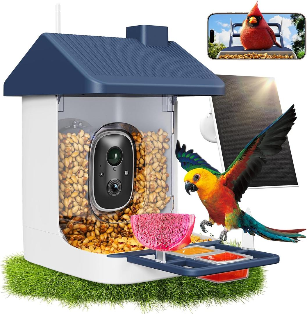 Smart Bird Feeder with Camera, 1.8L Solar Powered Bird Feeders for Outdoors, 2K AI Identify 10,000+ Birds Species, Birds Feeder Camera IP65 Instant Notification, Ideal Gift for Avian Lovers