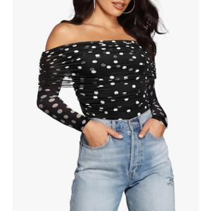 SAUNGKUAI Women's Off The Shoulder Long Sleeve Bodysuit Sexy Slimming Body Suit Tops Sheer Mesh Ruched Fall Outfits 2025.XXL