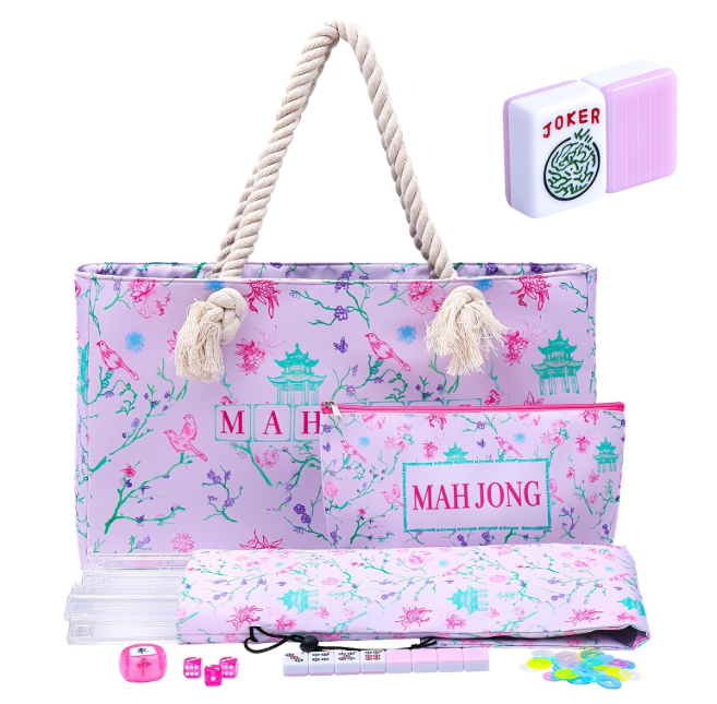 American Mahjong Tile Set, 166 Pink Tiles, Bag and Mahjong Accessories, 4 All-in-One Rack/Pushers, Mahjong Set Complete