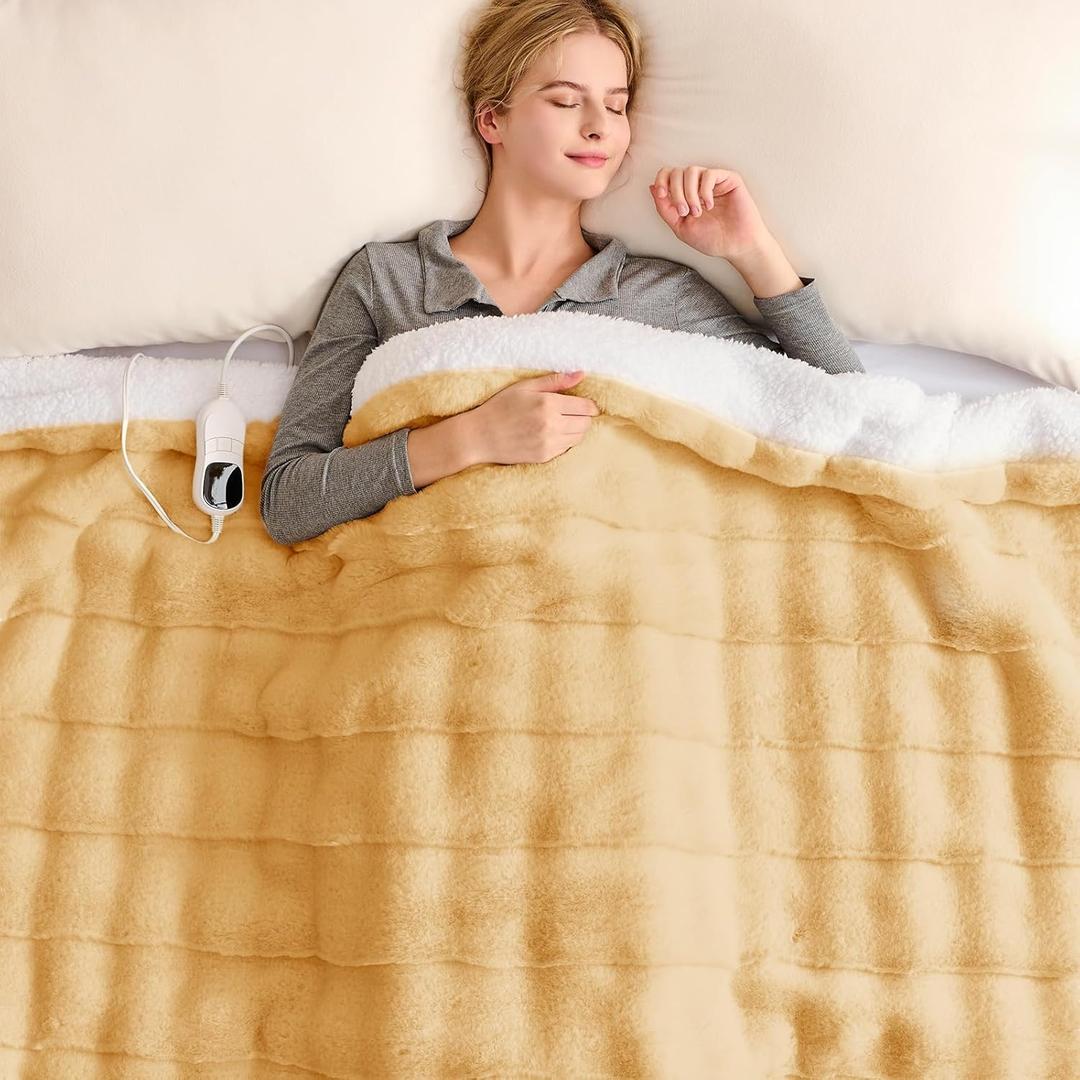 Homemate Heated Blanket Electric Throw - 50"x60" Heating Blanket Throw 1/2/4/6/8 Hours Auto-Off 10 Heat Levels Over-Heat Protection Luxury 800 GSM Faux Fur 200 GSM Sherpa ETL Certification