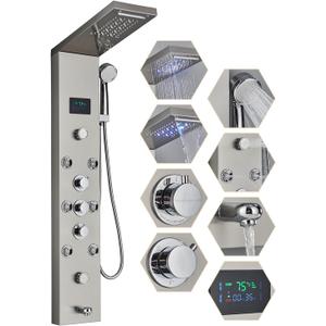Contemporary Shower Panel Wall Mounted Shower Tower Rainfall Waterfall Showerhead Full Body Shower System with Adjust-angle Shower Jets Bathroom Shower Panels Stainless Steel, Brushed Nickel (Burshed)