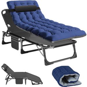 NAIZEA Portable Folding Lounge Chairs, Reclining Cot, Perfect for Pool, Beach, Patio, Camping (Black Chair+blue Pad)