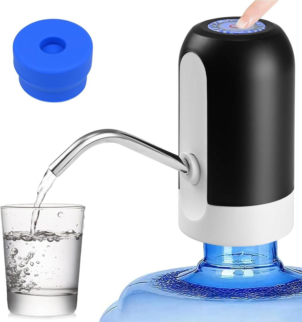 CHIVENIDO 5 Gallon Water Dispenser - Water Bottle Pump with Reusable Cap for Screw Top or Crown Tops, USB Charging Water Jug Dispenser for Universal 2-5 Gallon Bottle (Black)